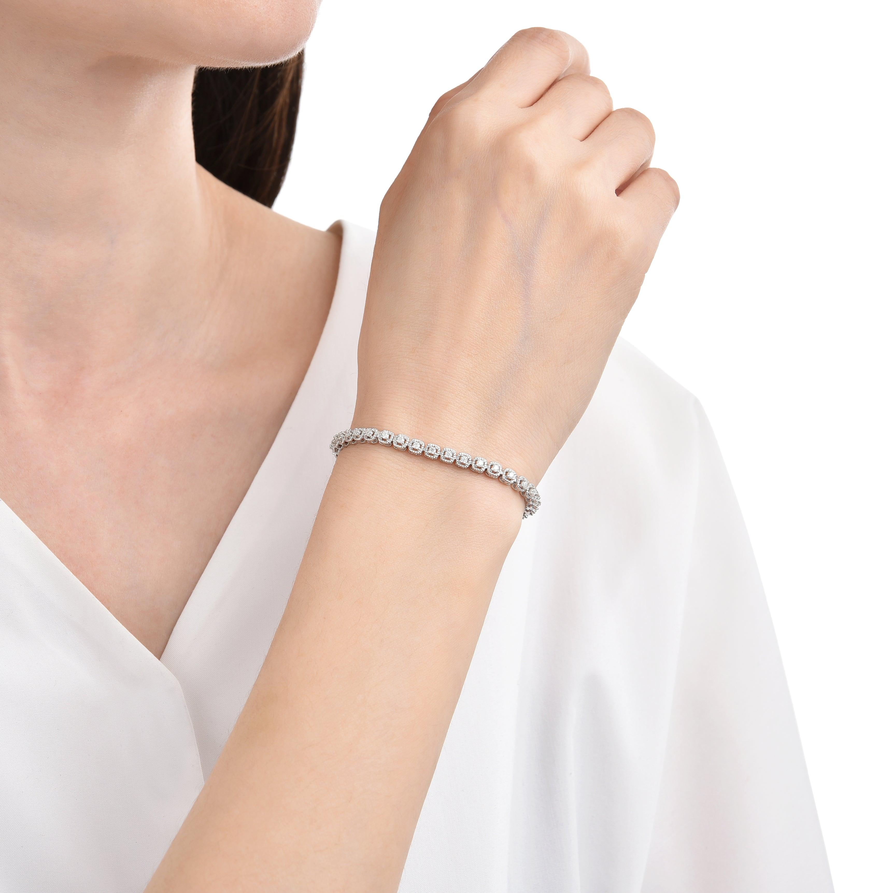 Elegant model hand showcasing the intricate details of our Moissanite Round Bracelet gift for her