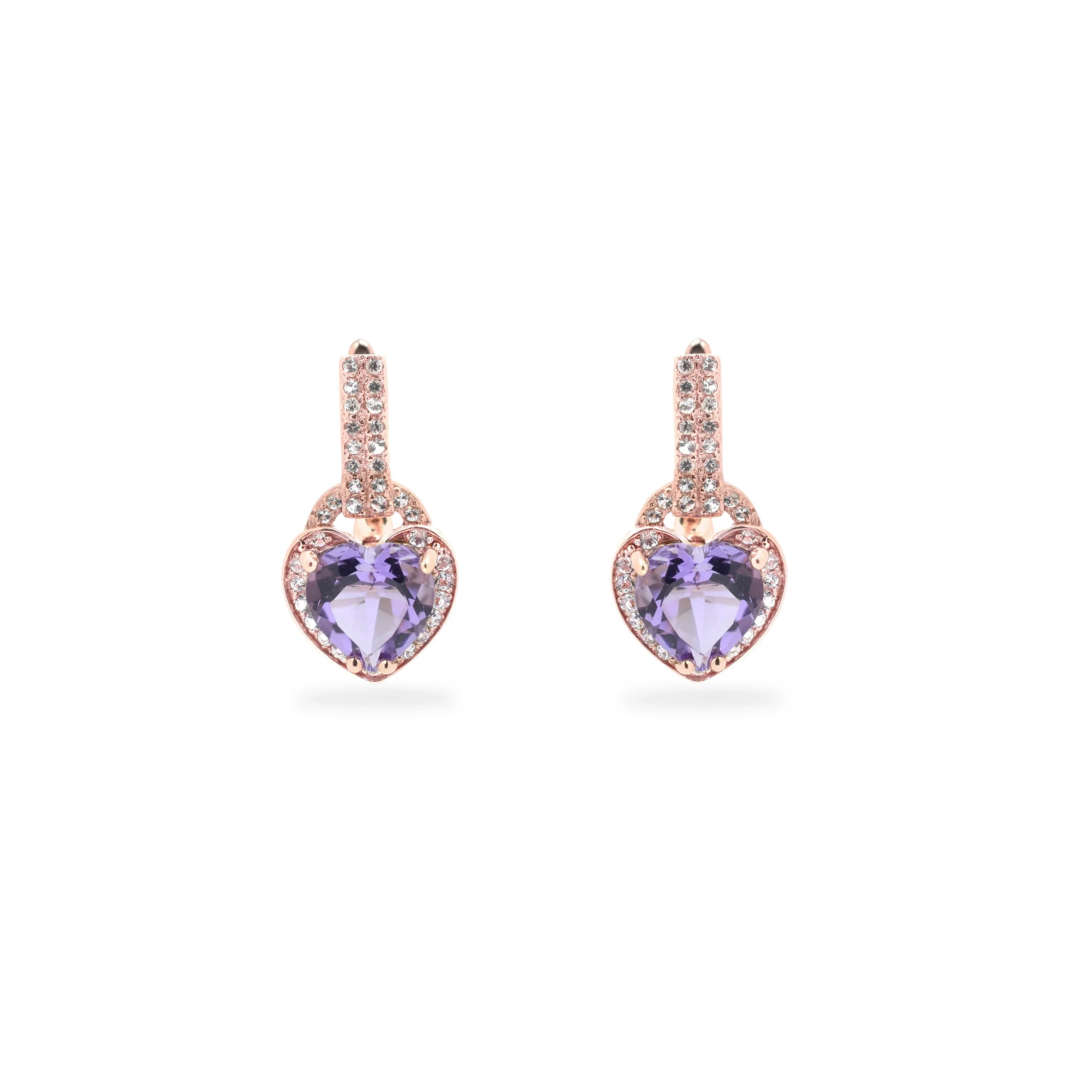 Natural Amethyst Heart Leverback Silver Drop Earrings