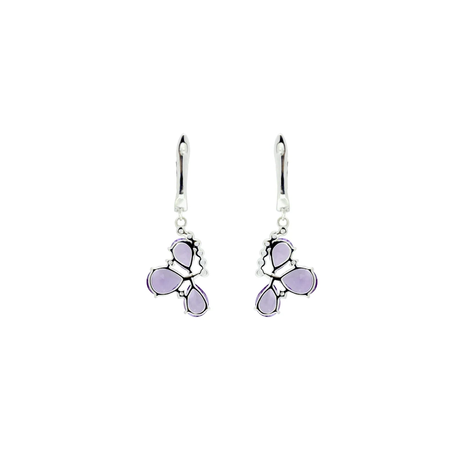 Natural Amethyst Three Stone Silver Dangle Earrings