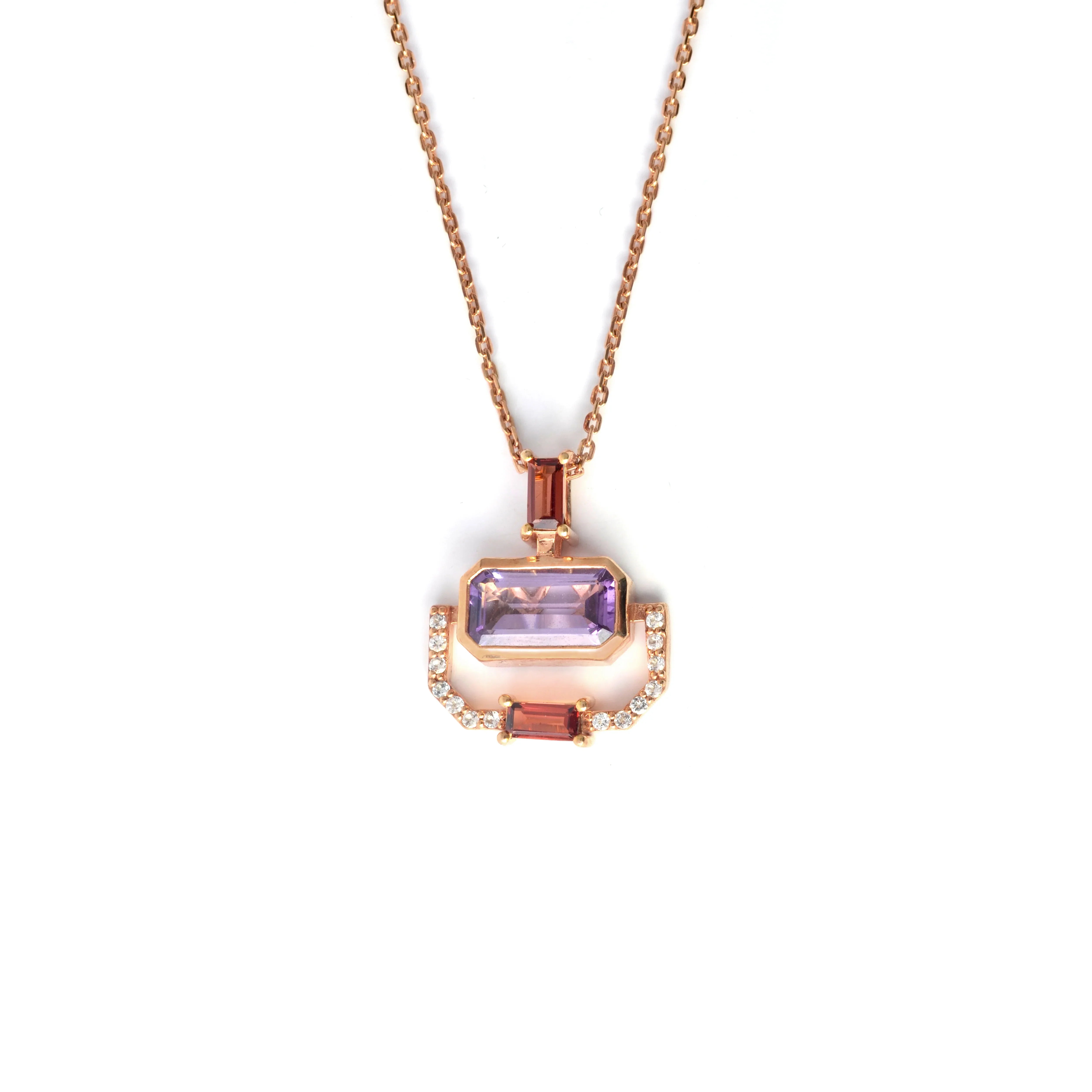 Rose Gold Emerald Cut Natural Amethyst Pendant Necklace