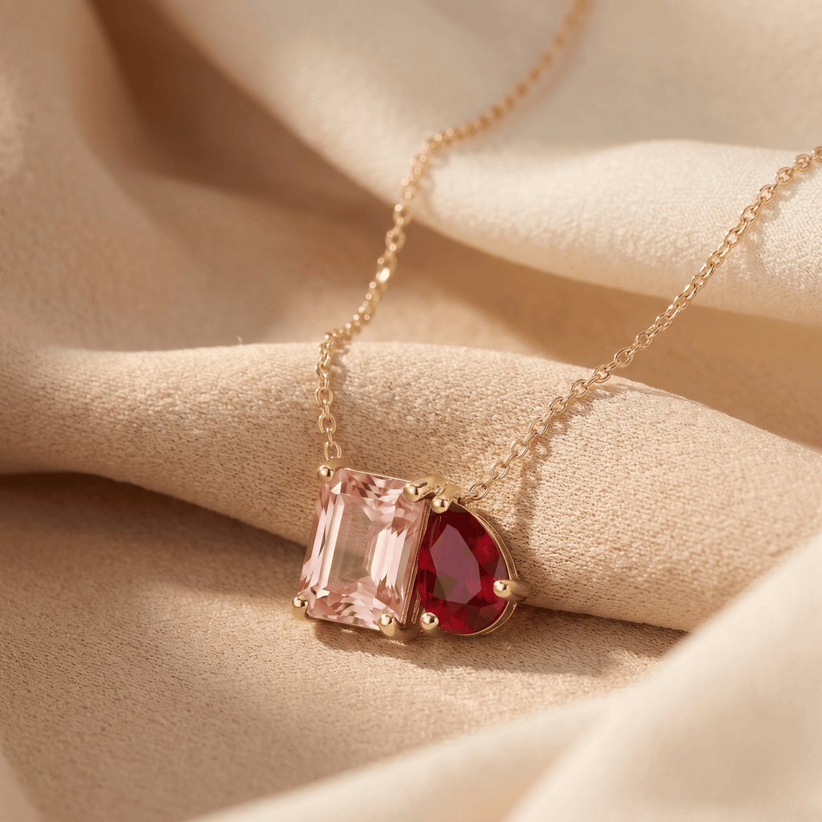 2.50 Cttw Pear Red Ruby and Morganite 14k Yellow Gold Toi et Moi Pendant Necklace