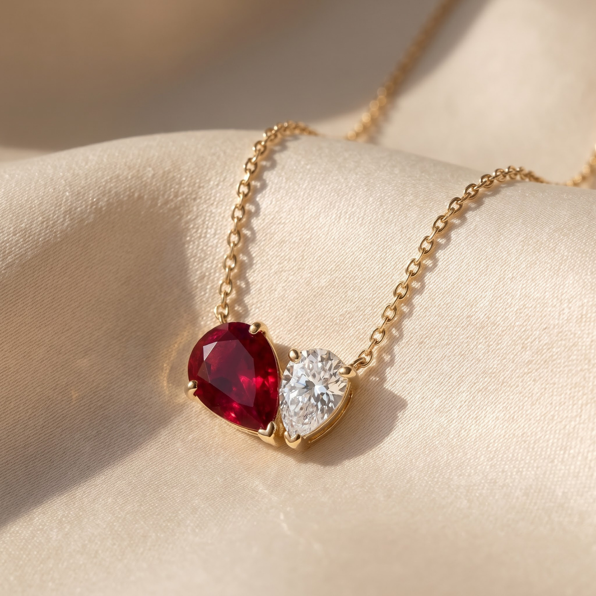 4.33 Cttw Pear Emerald, Ruby, Sapphire and Lab Diamond 14K Yellow Gold Toi et Moi Pendant Necklace