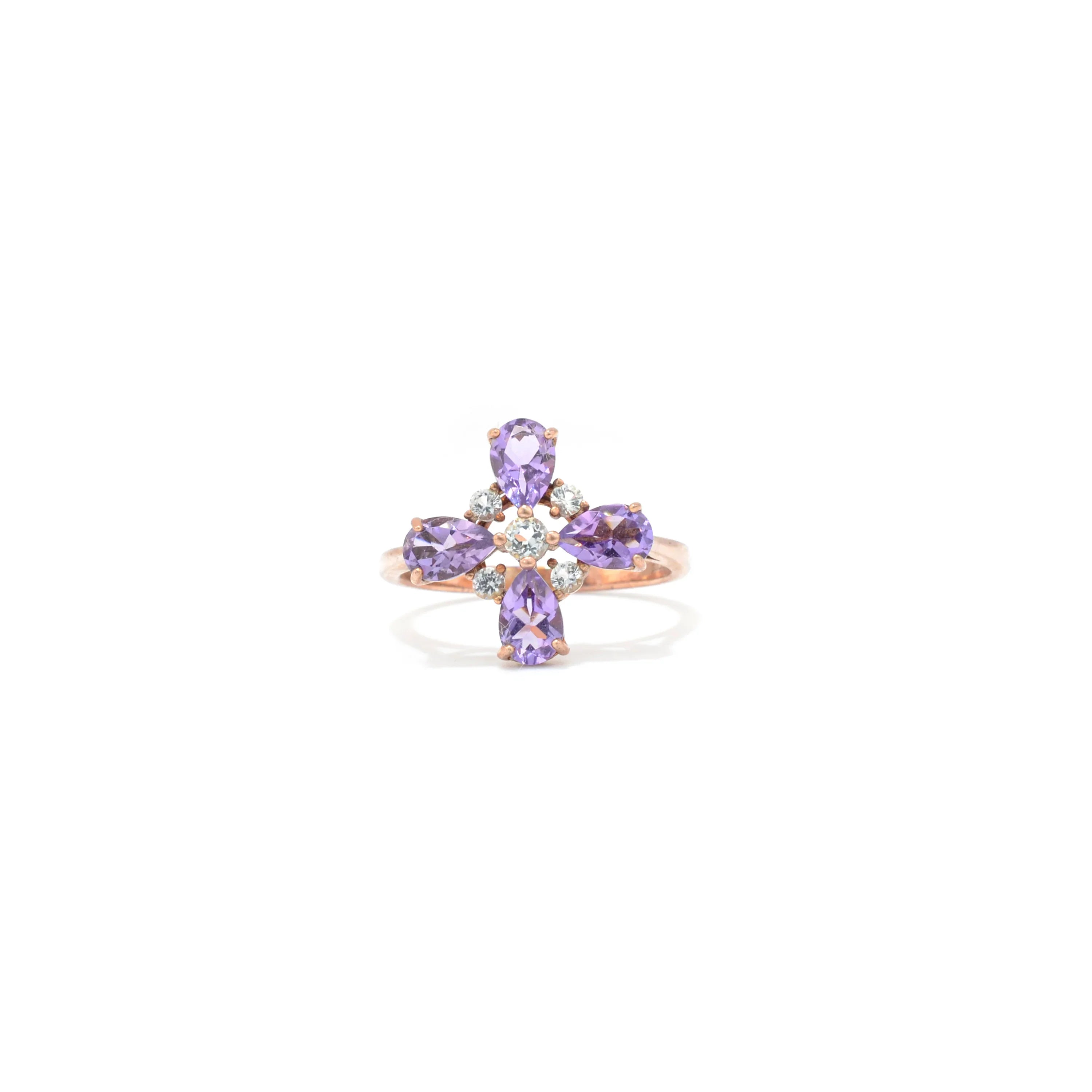 Natural Amethyst Four Leaf Clover Ring
