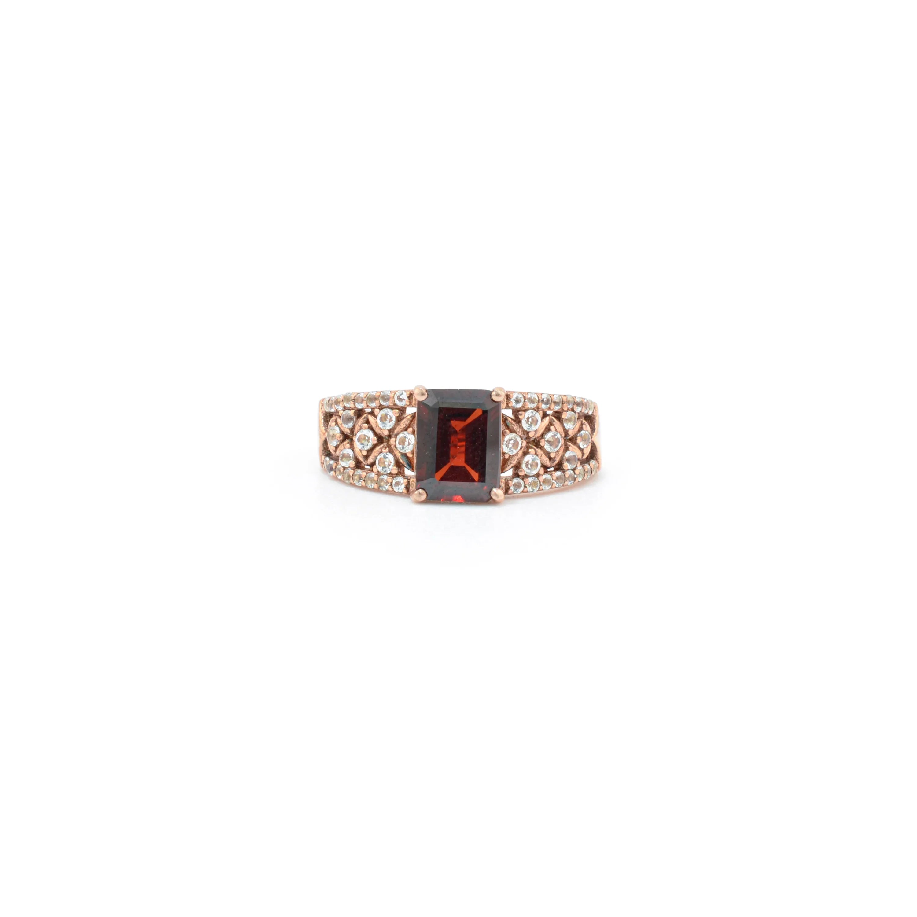 Emerald Cut Garnet and White Topaz Silver Ring