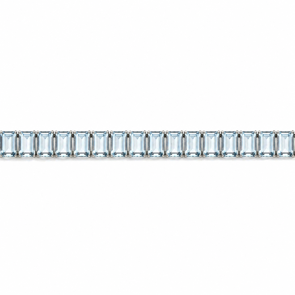 30.7 Ct Emerald Cut Blue Aquamarine Prong Silver Tennis Bracelet