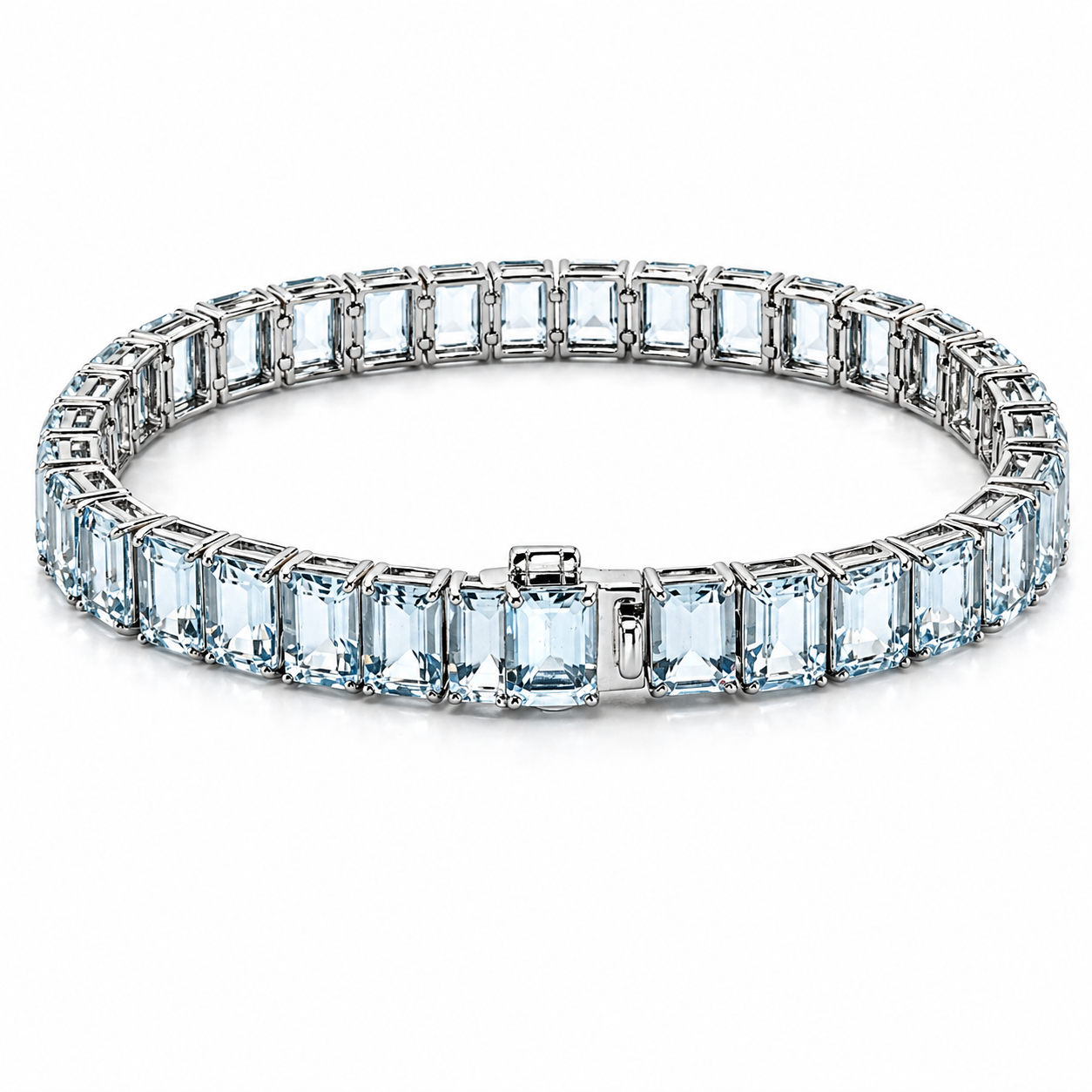 30.7 Ct Emerald Cut Blue Aquamarine Prong Silver Tennis Bracelet