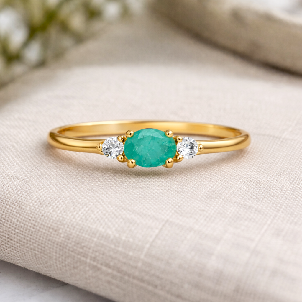 22k Gold Vermeil Emerald Oval Three Stone Ring
