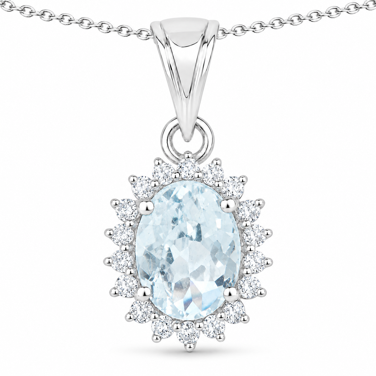 1.60 Ct Oval Blue Aquamarine & Lab Diamond Prong Silver Halo Pendant Necklace