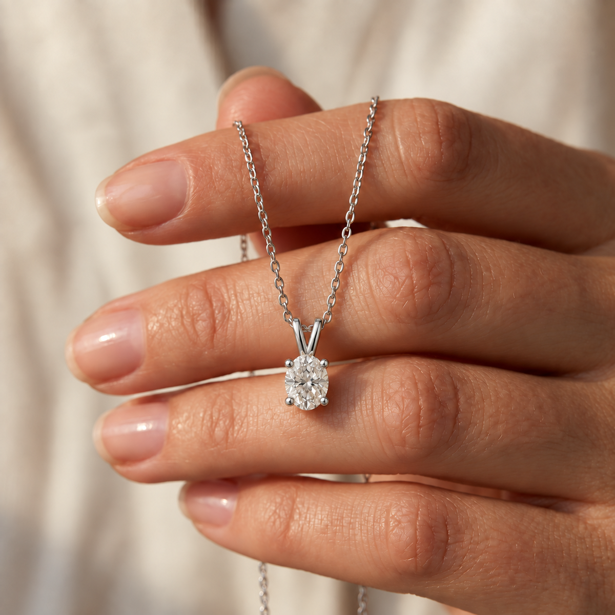 IGI Certified Oval Lab Grown Diamond Rhodium Over Silver Solitaire Necklace