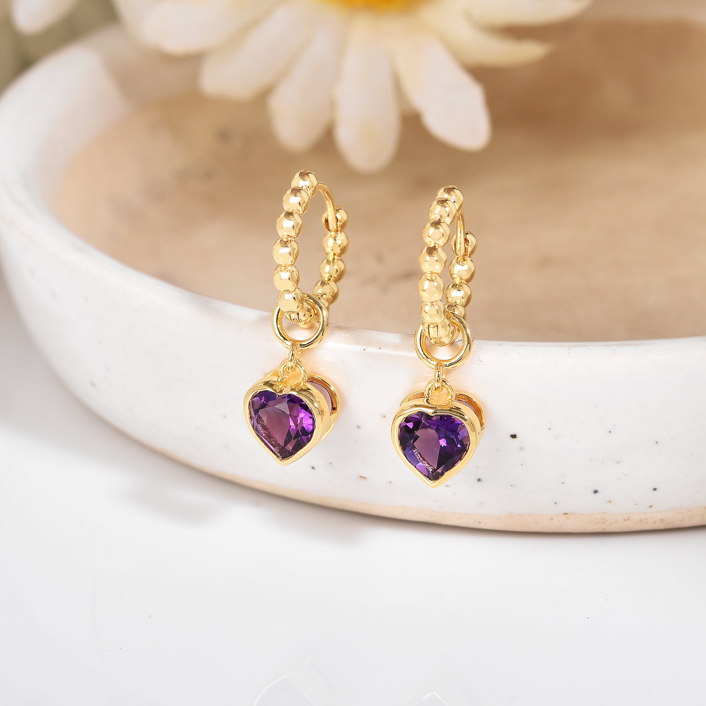 22k Gold Vermeil Amethyst Heart Hoop Earrings