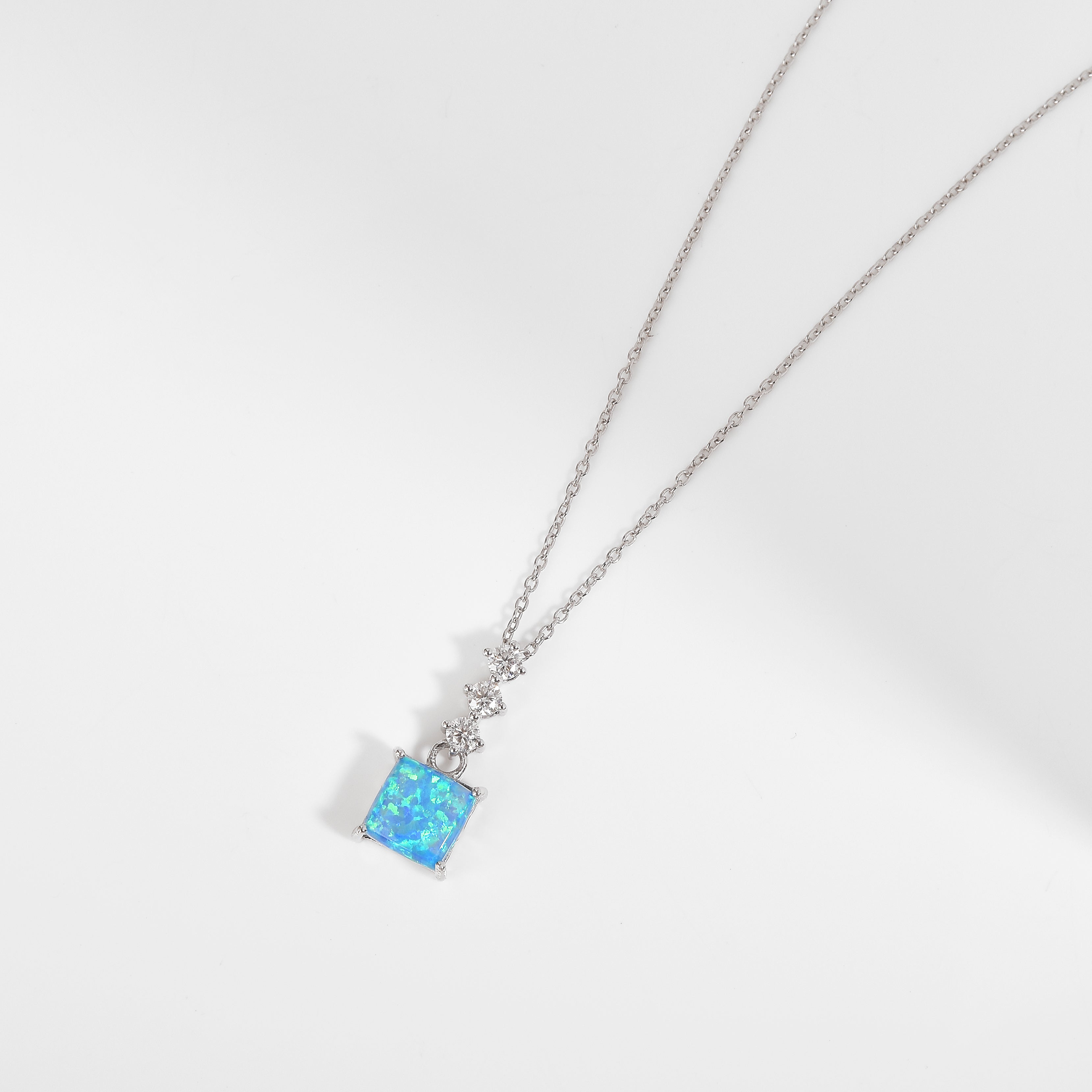 Lab Grown Princess Cut Blue Opal Pendant Necklace