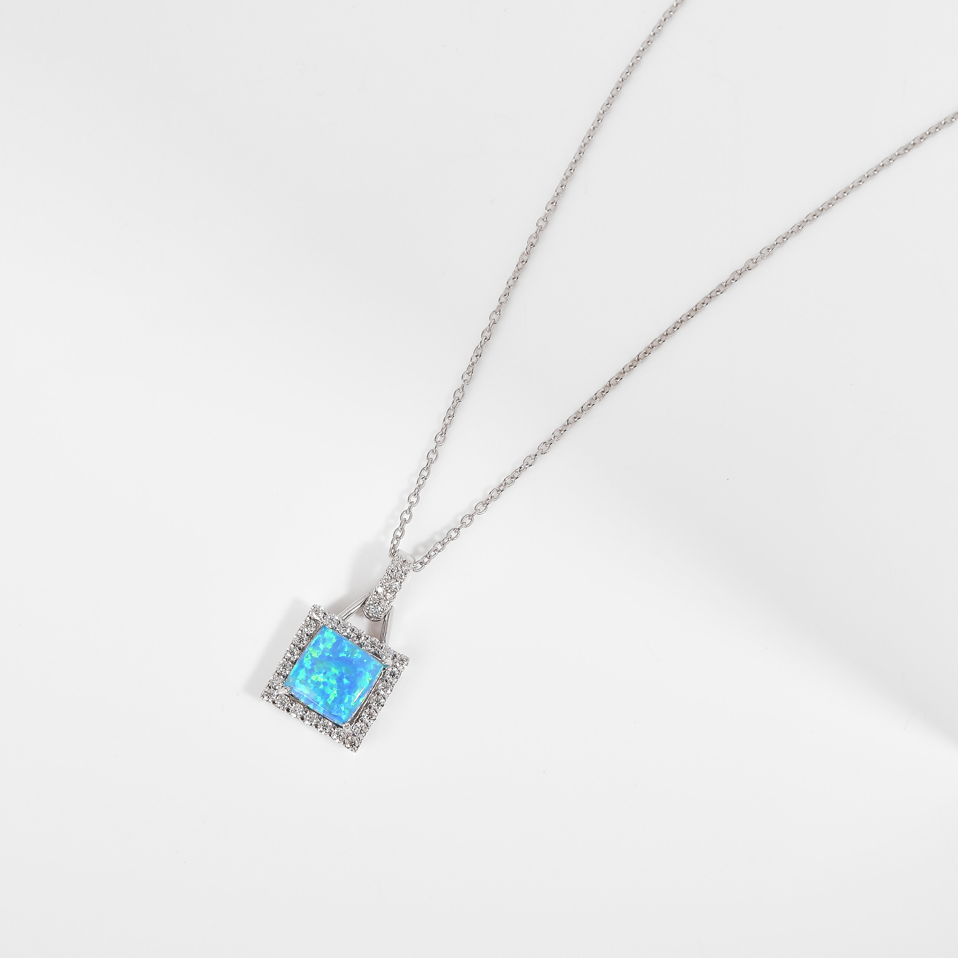 Lab Grown Blue Opal Halo Pendant Necklace