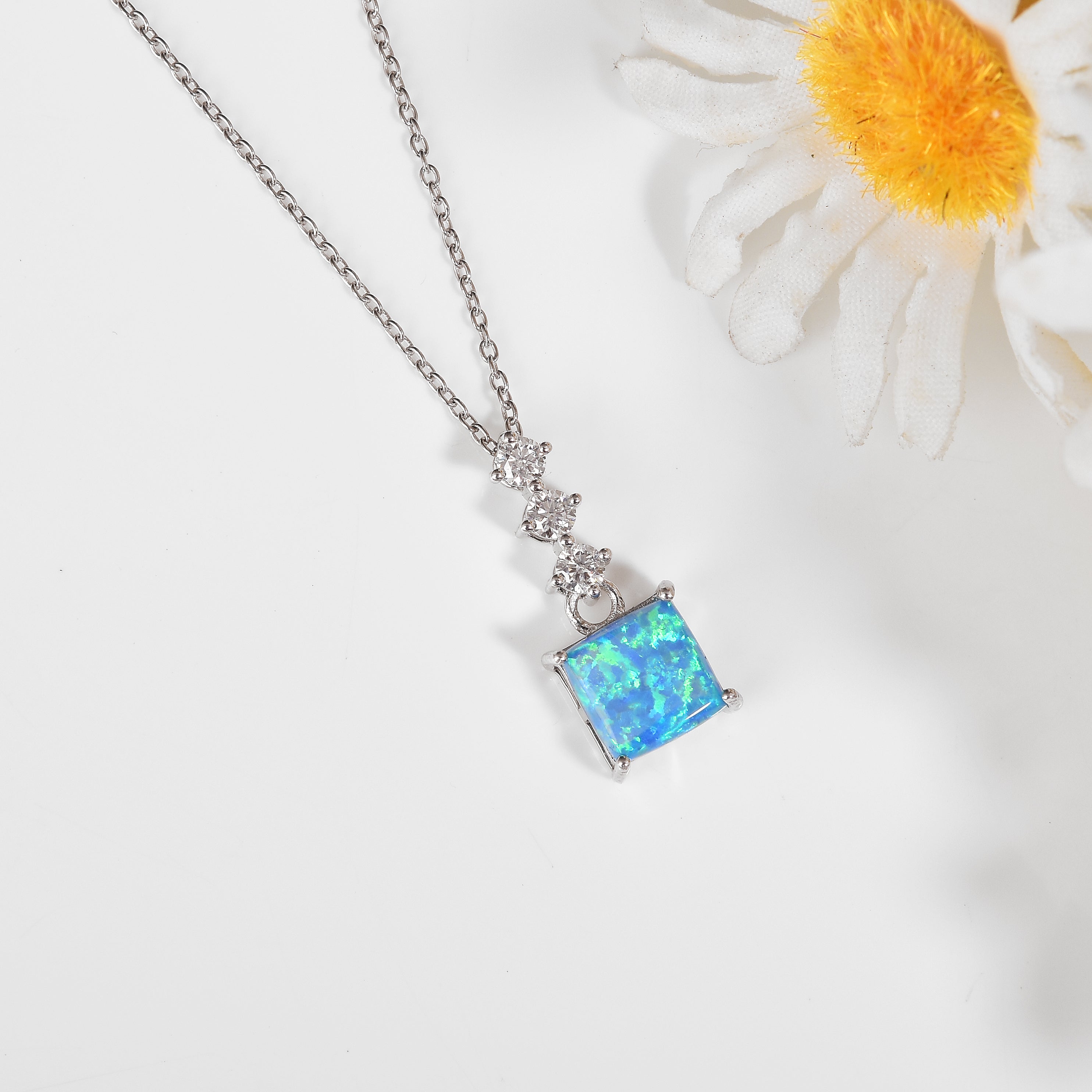 Lab Grown Princess Cut Blue Opal Pendant Necklace