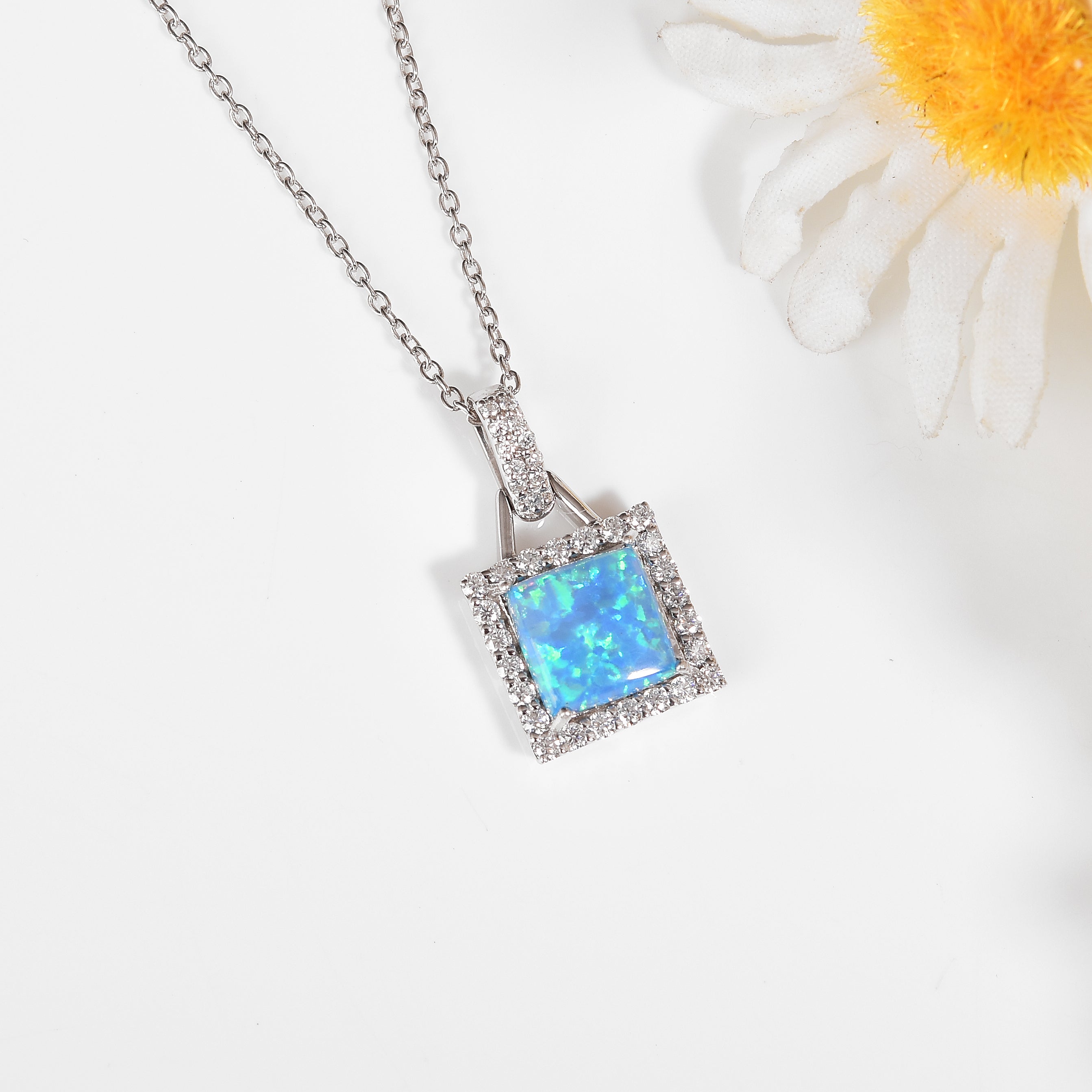 Lab Grown Blue Opal Halo Pendant Necklace