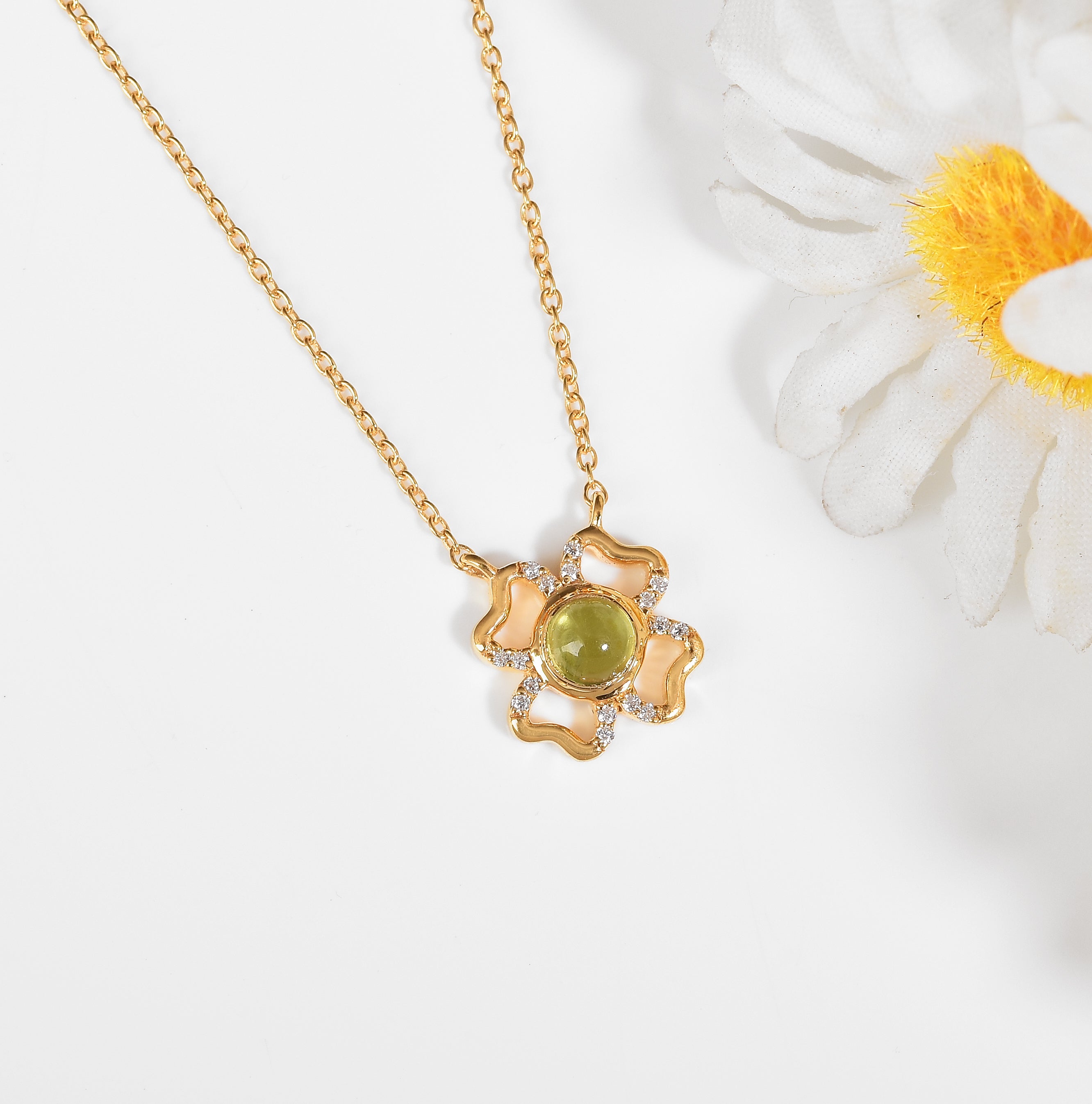 Floral Green Peridot Four Leaf Clover Necklace