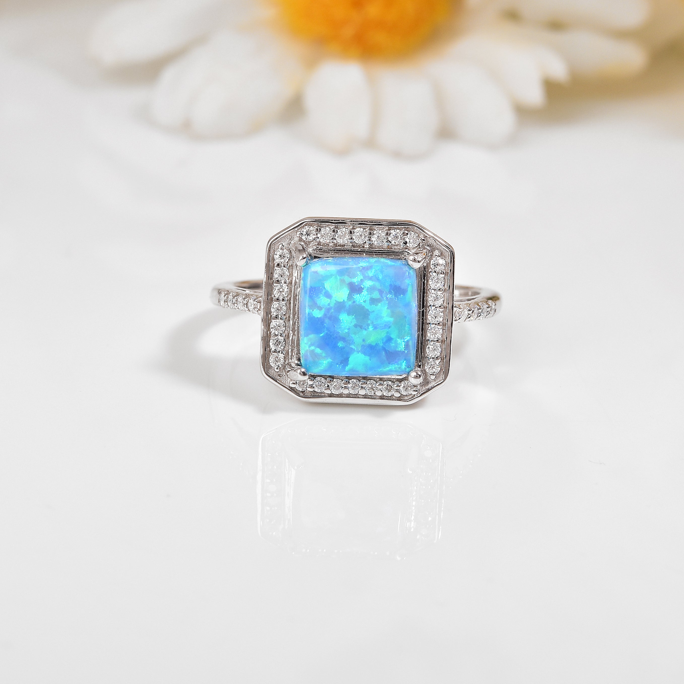 Lab Created Blue Opal Halo Ring