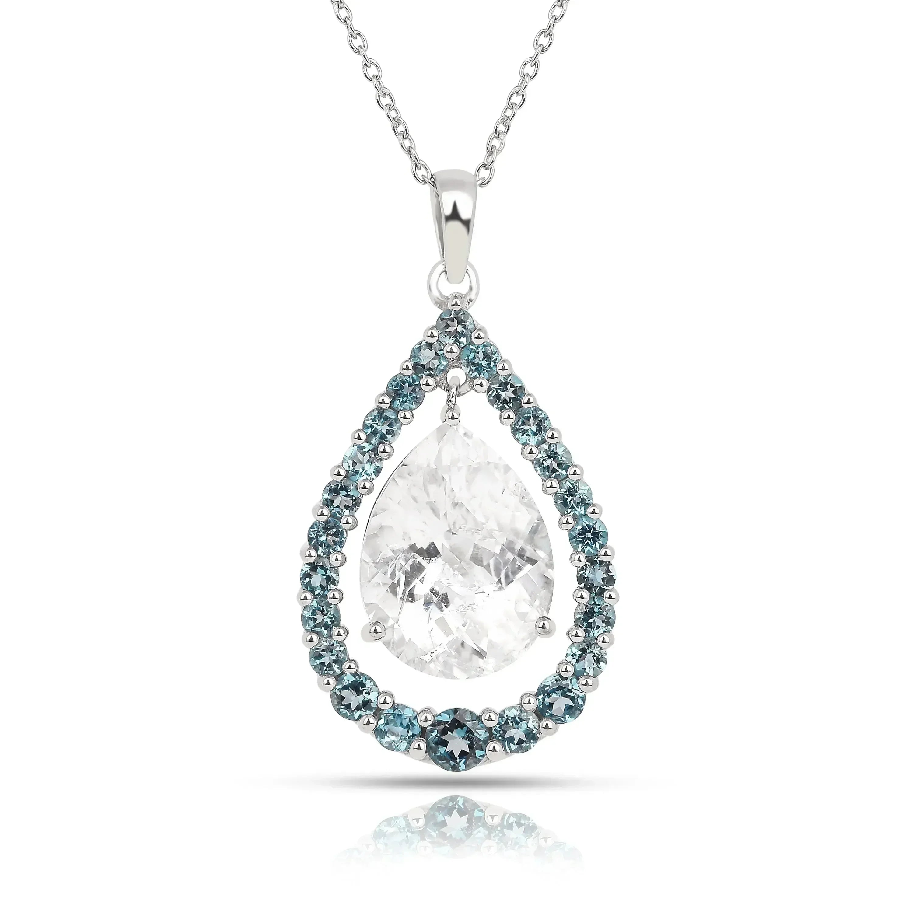 Collar de topacio blanco natural con forma de lágrima y topacio azul