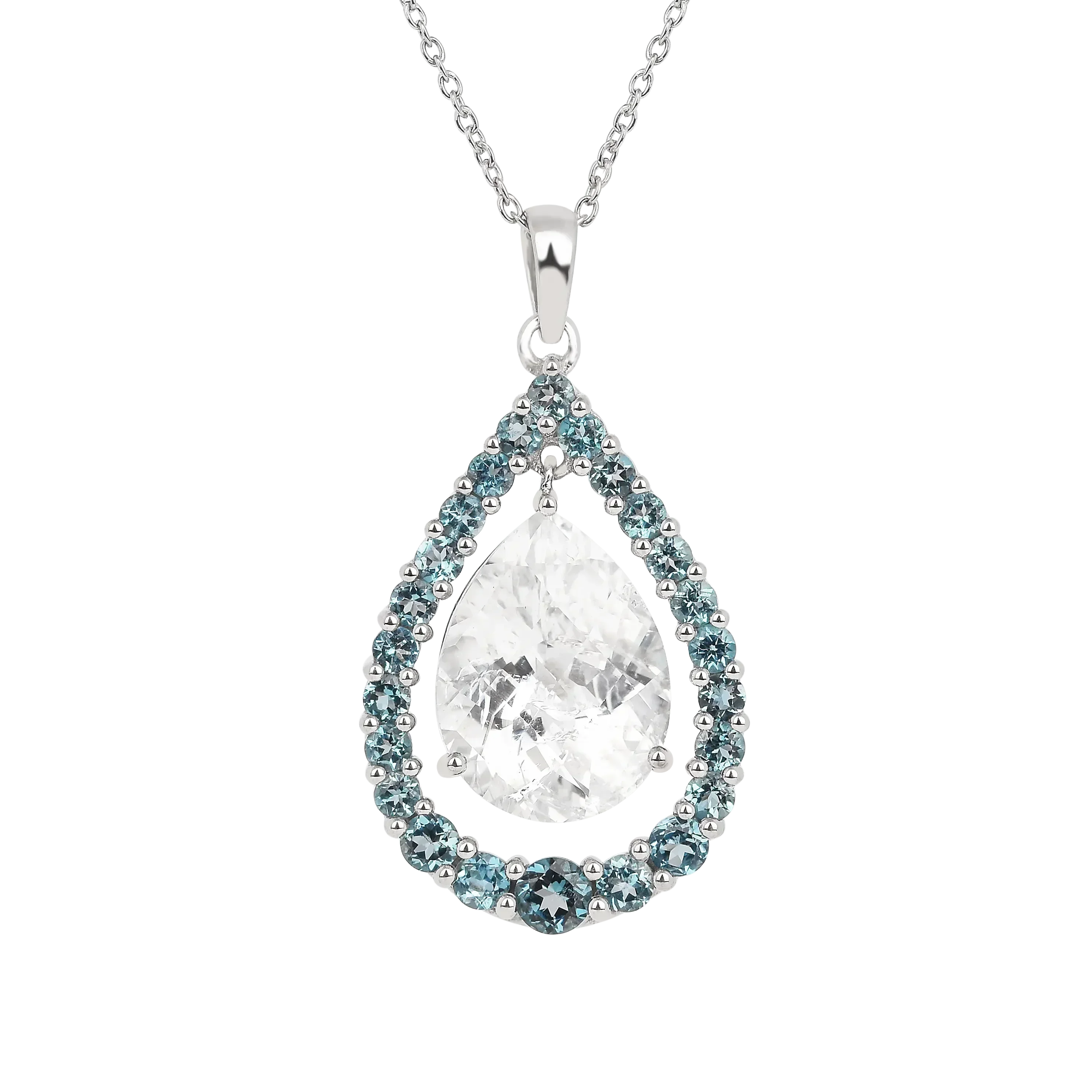 Collar de topacio blanco natural con forma de lágrima y topacio azul