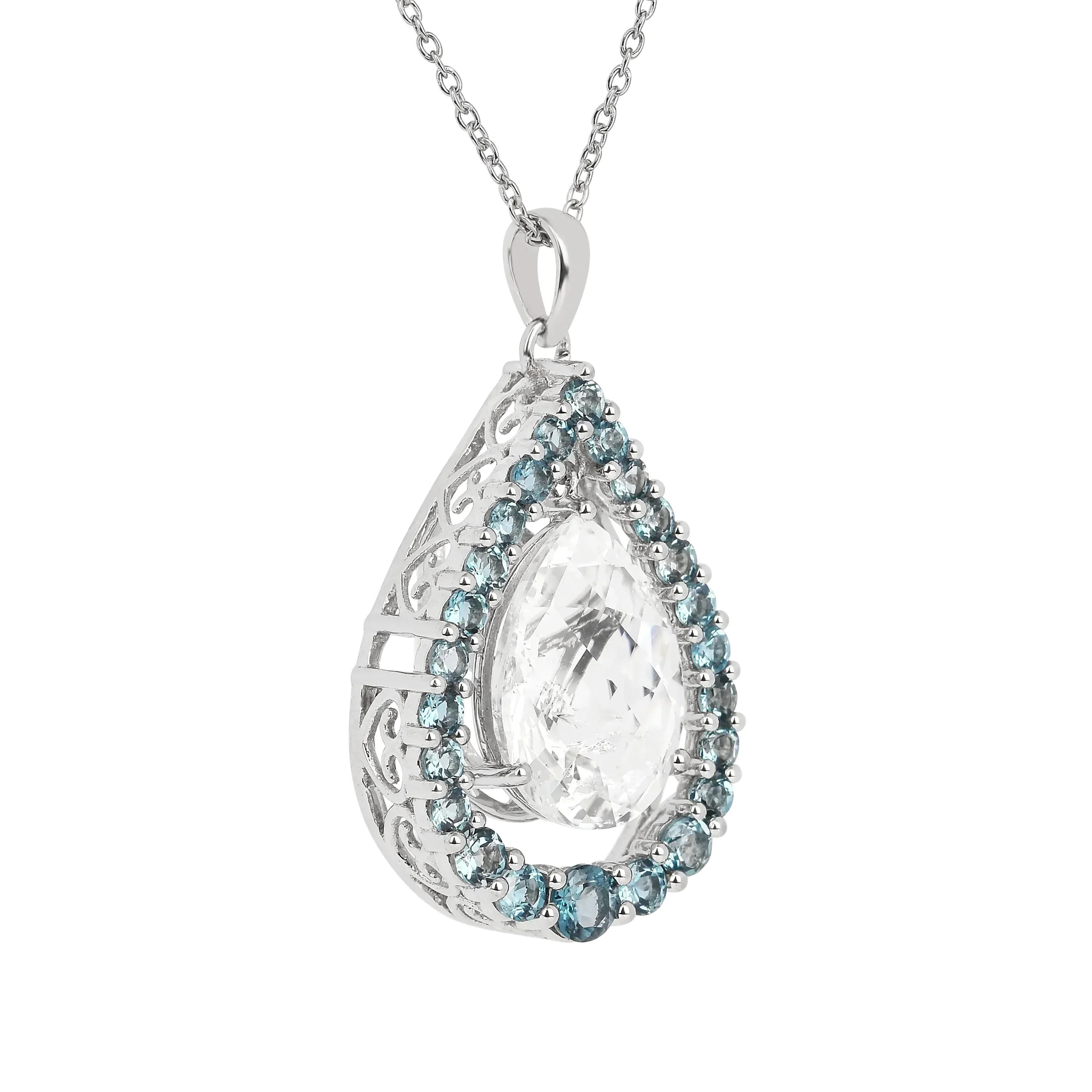 Collar de topacio blanco natural con forma de lágrima y topacio azul