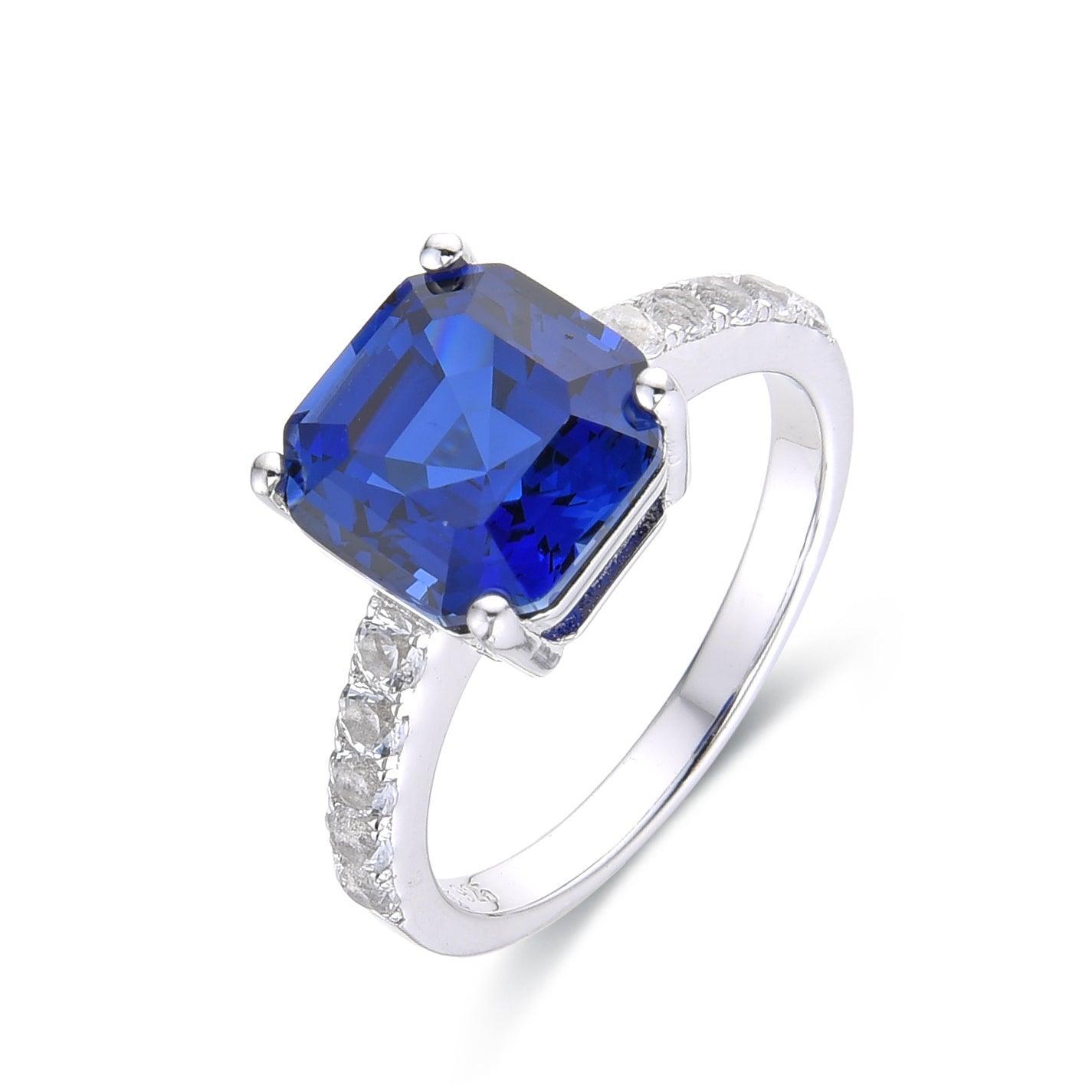 Lab Grown Blue Sapphire Ring Asscher Cut Halo Ring September Birthstone Ring |Rhodium Plated Sterling Silver Ring - FineColorJewels