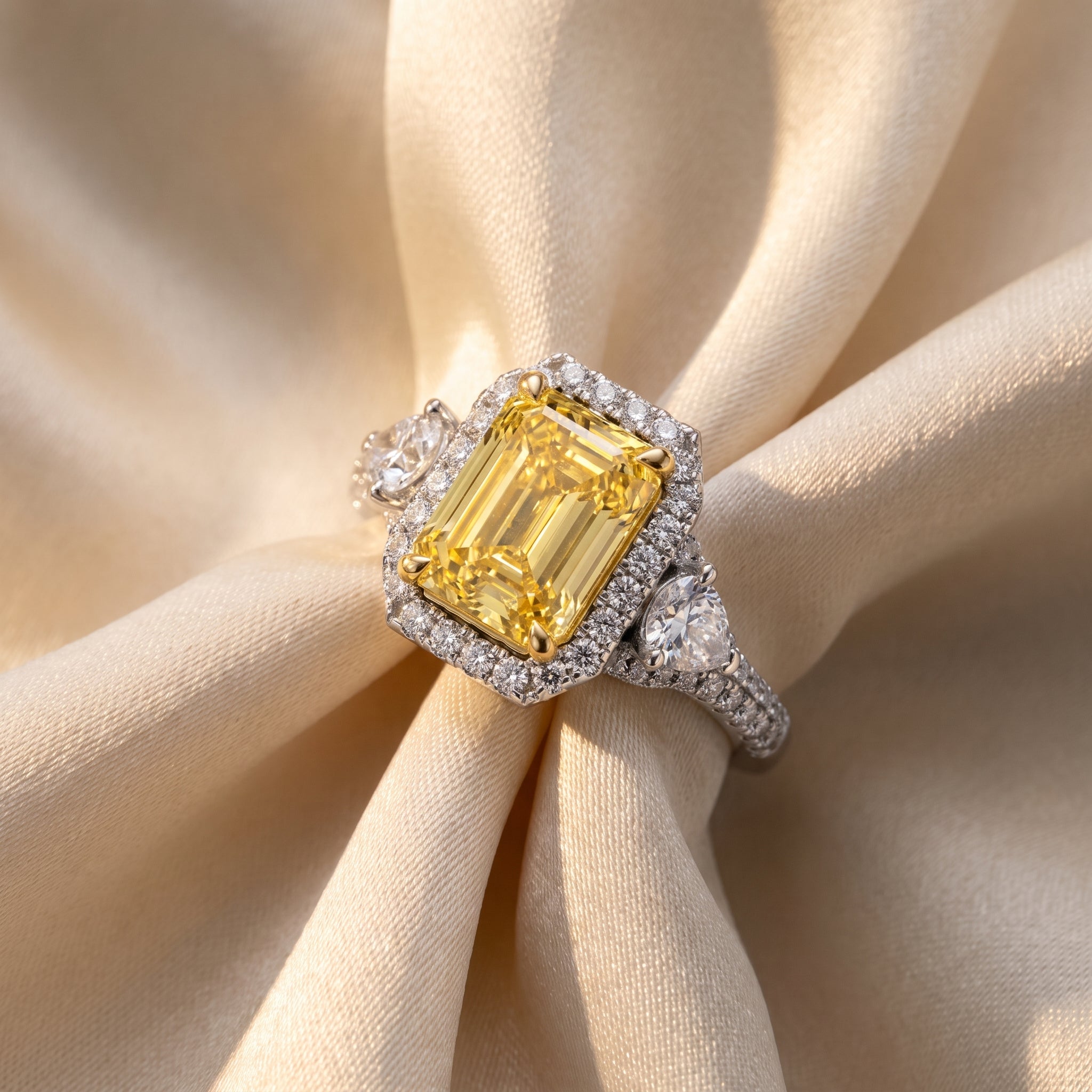 3Cttw Radiant Shaped Yellow Lab Grown Diamond (F/VS) Accented Three Stone Engagement Ring 14K Gold