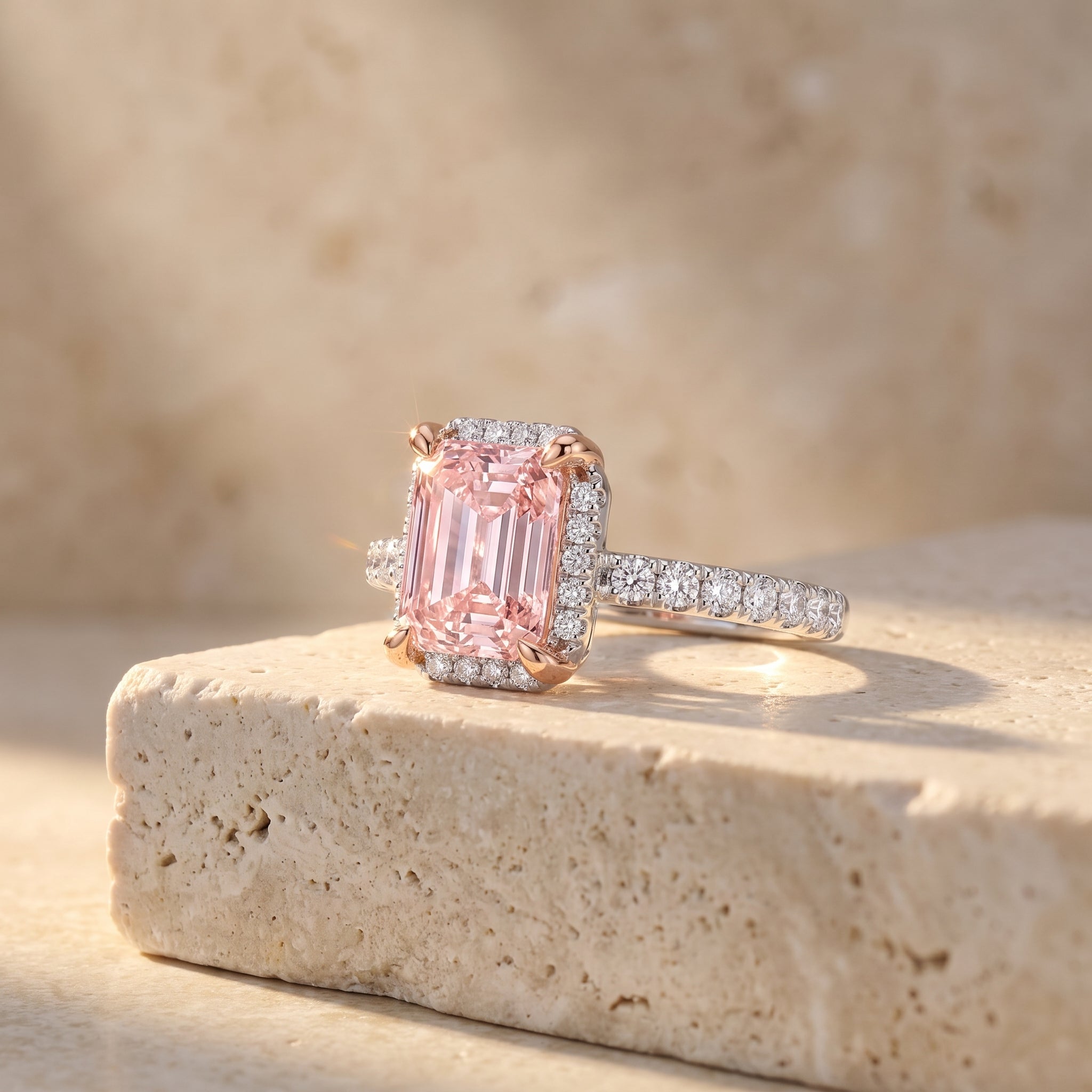 2Cttw Emerald Shaped Pink Lab Grown Diamond (F/VS) Halo Accented Engagement Ring 14K Gold
