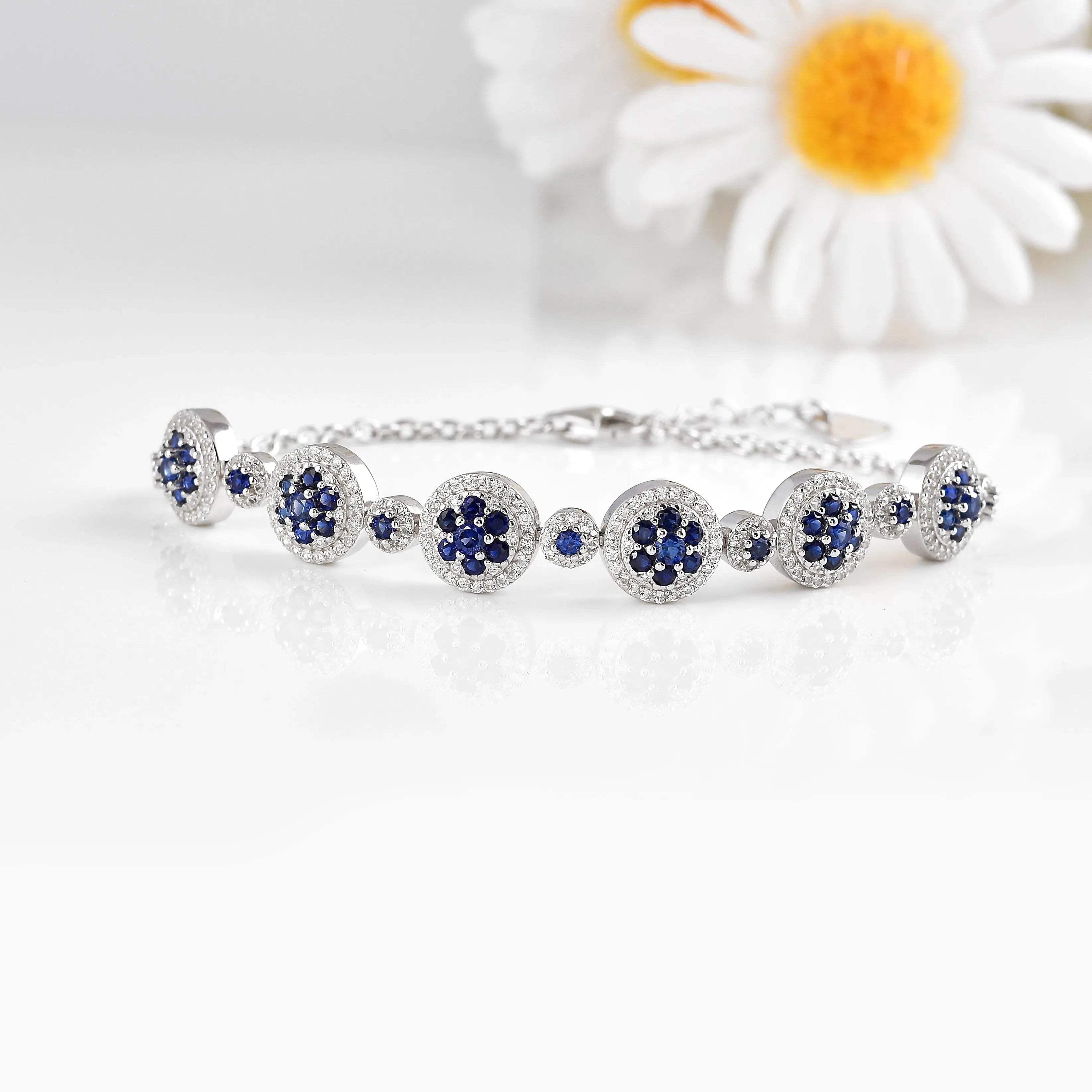 Lab Grown Blue Sapphire Halo Tennis Bracelet Fine Color Jewels Wedding Bridal Bracelet, Birthday gift for her, Blue Sapphire Bracelet, Bridesmaid Gift 925 Sterling Silver, Bridesmaid Gift for Her, Created sapphire bracelet. , everyday gift for her, gift for her, gift for hergift for women, Jewelry Gift for her, ring gift for her., Sapphire Halo Bracelet, September Birthstone Bracelet, Wedding Gift For Her