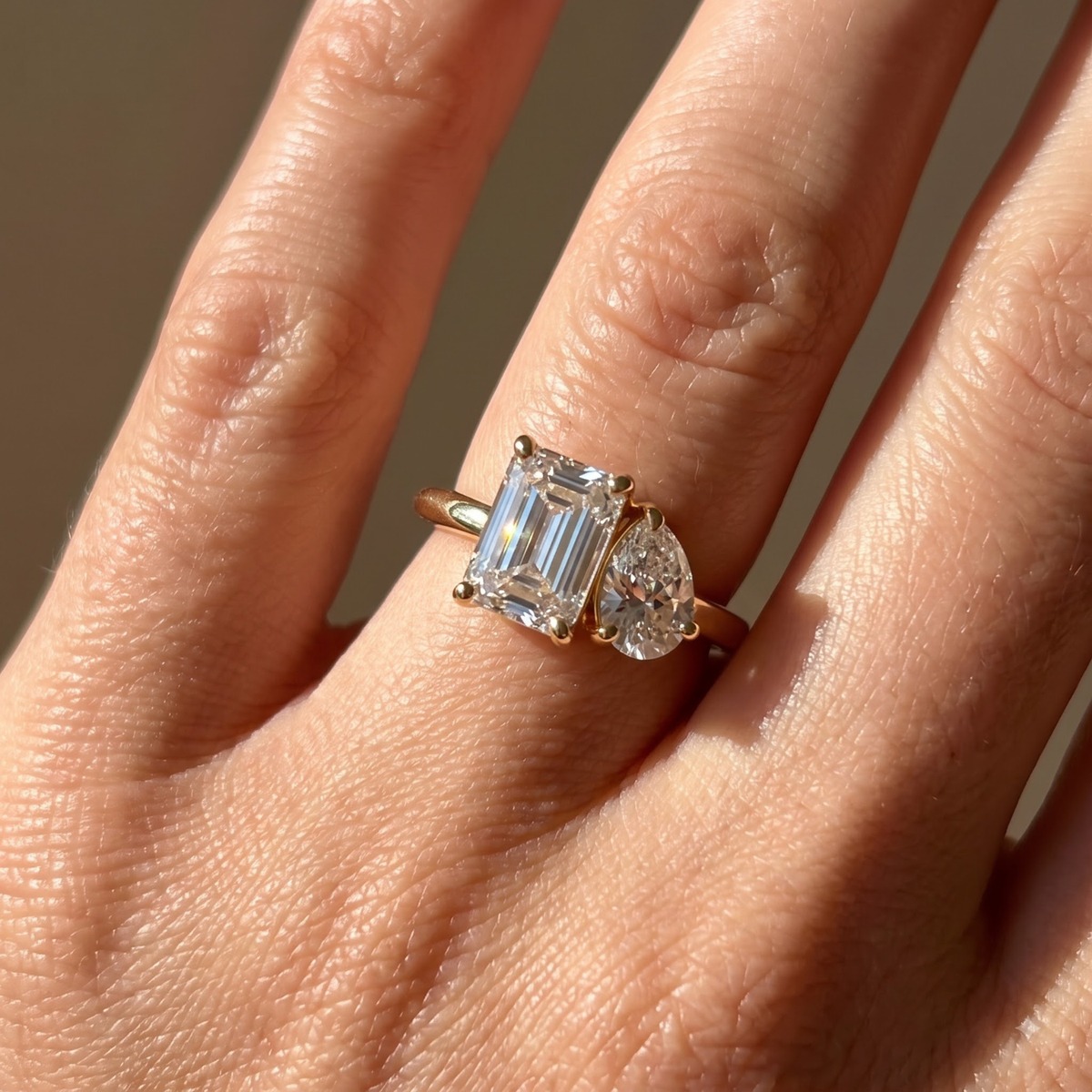 Two-Stone Toi et Moi Pear and Octagon Emerald, Ruby, Sapphire and Lab Diamond 14K Yellow Gold Ring