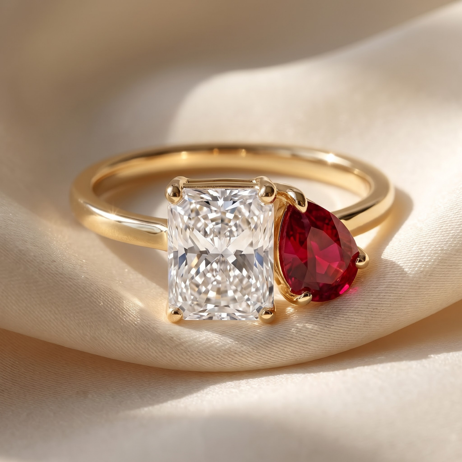 Two-Stone Toi et Moi Pear and Octagon Emerald, Ruby, Sapphire and Lab Diamond 14K Yellow Gold Ring