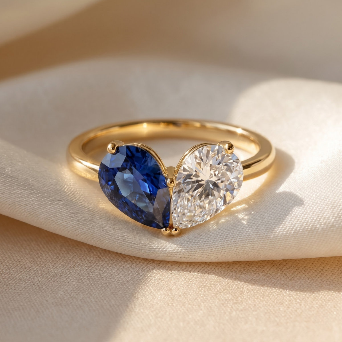 Toi et Moi Pear Shaped Emerald, Ruby, Sapphire and Lab Grown Diamond 14K Yellow Gold Two stone Ring