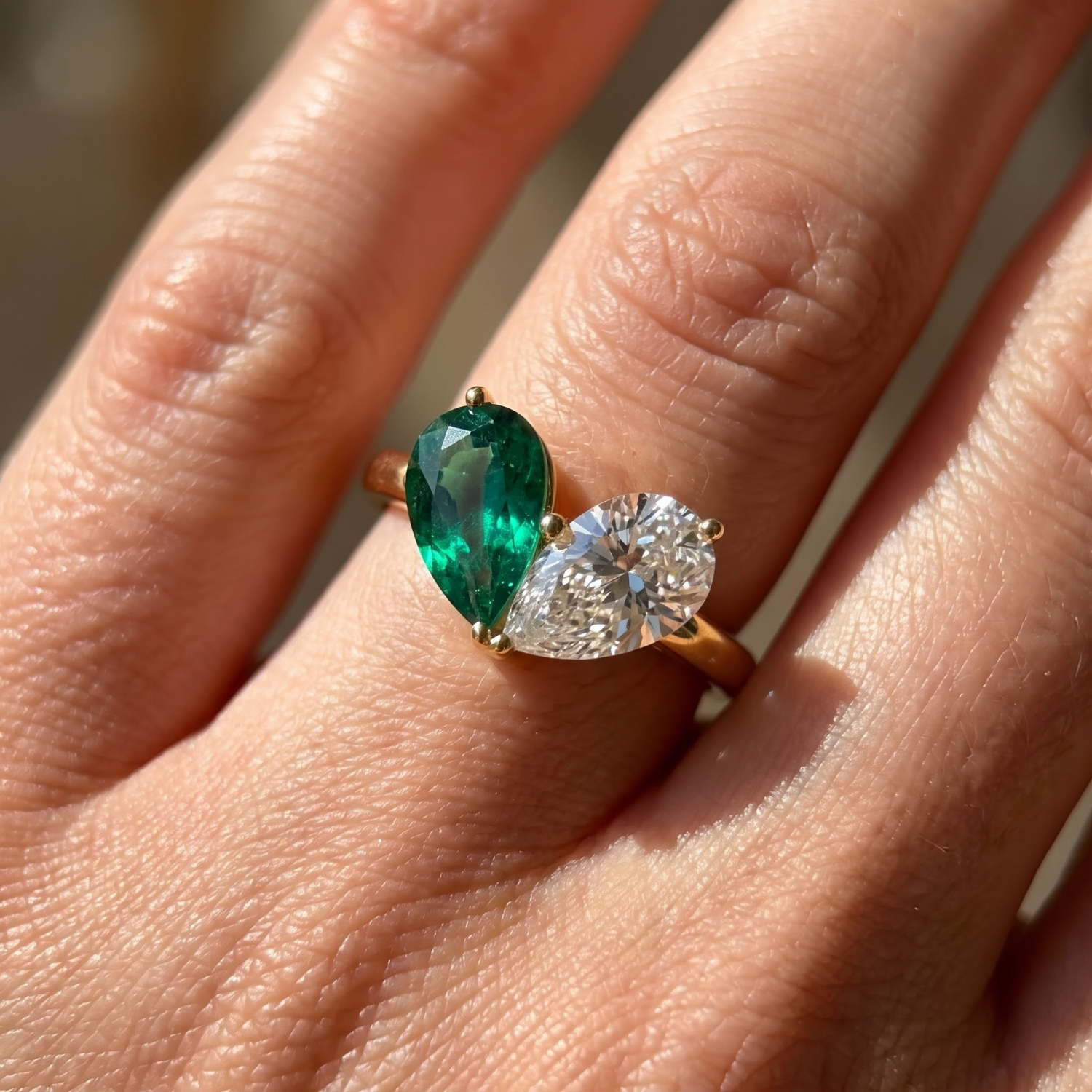 Toi et Moi Pear Shaped Emerald, Ruby, Sapphire and Lab Grown Diamond 14K Yellow Gold Two stone Ring