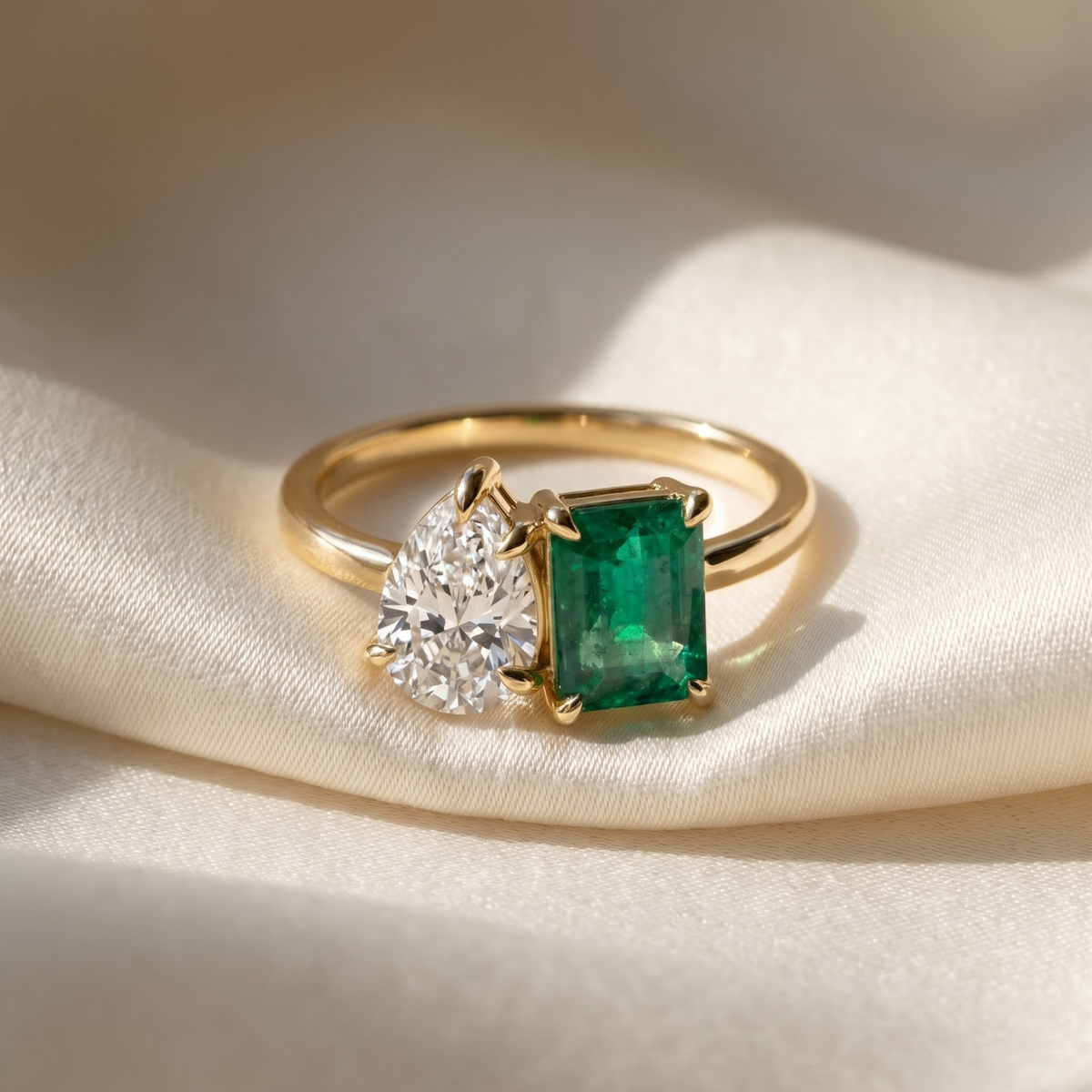 2.450 Cttw Octagon Morganite , Sapphire, Emerald and Lab Diamond 14K Yellow Gold Toi Et Moi Ring