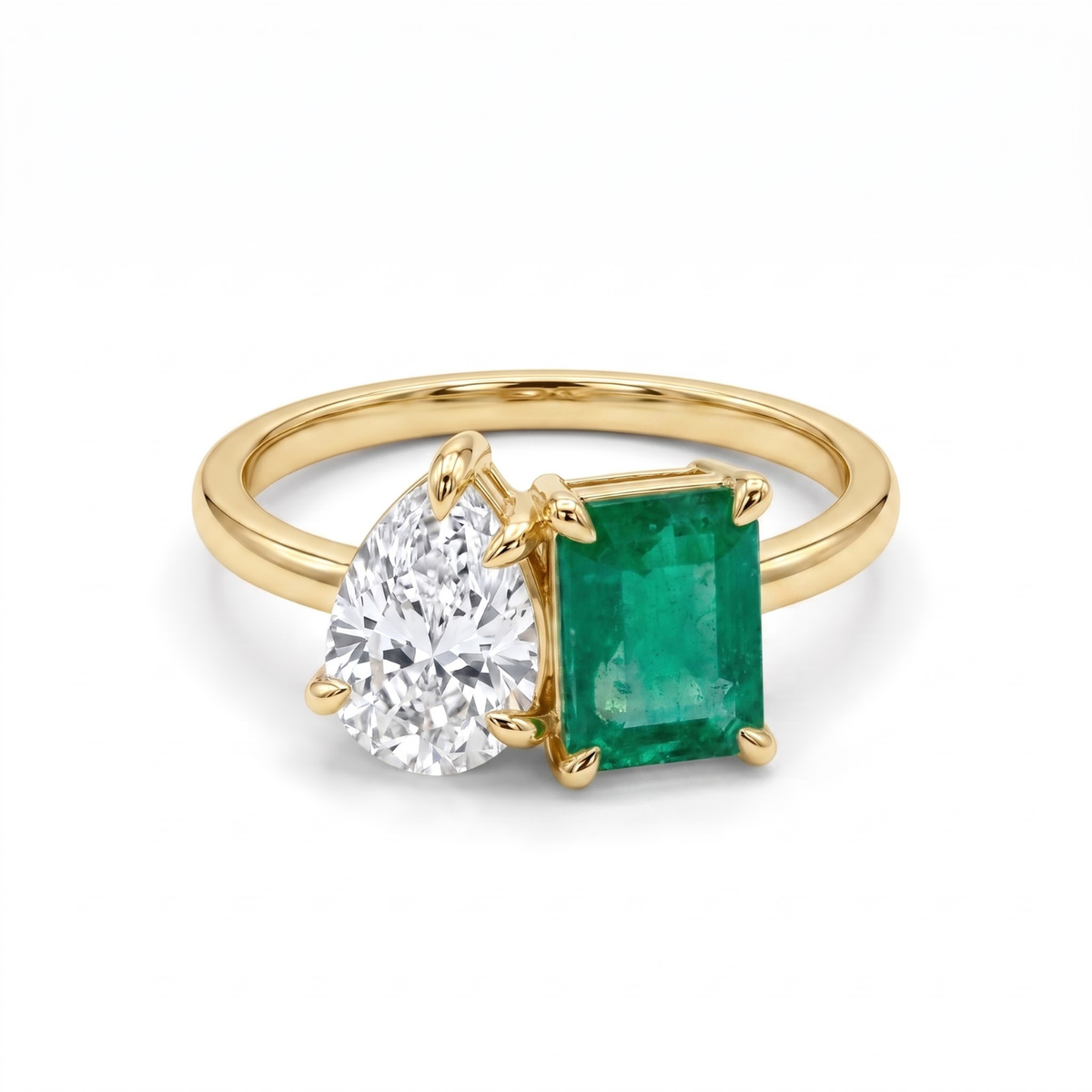 2.450 Cttw Octagon Morganite , Sapphire, Emerald and Lab Diamond 14K Yellow Gold Toi Et Moi Ring