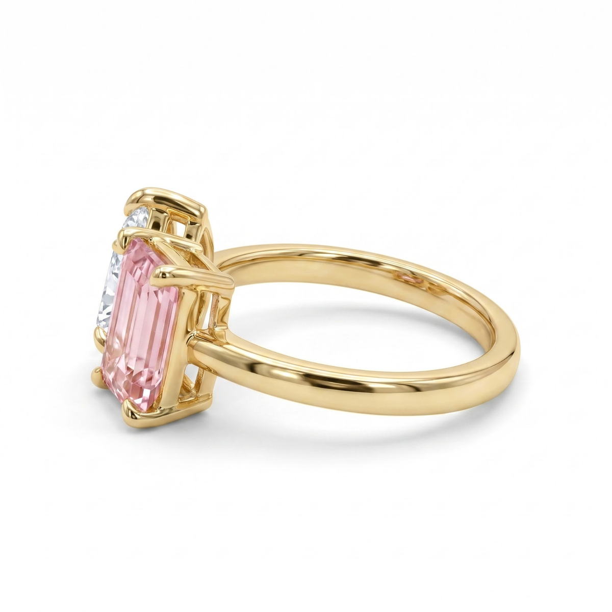 2.450 Cttw Octagon Morganite , Sapphire, Emerald and Lab Diamond 14K Yellow Gold Toi Et Moi Ring