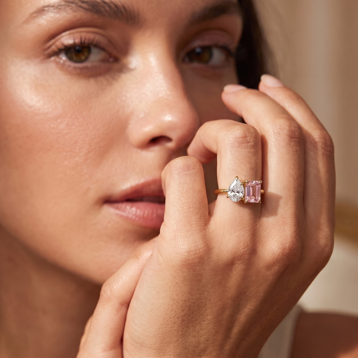 2.450 Cttw Octagon Morganite , Sapphire, Emerald and Lab Diamond 14K Yellow Gold Toi Et Moi Ring