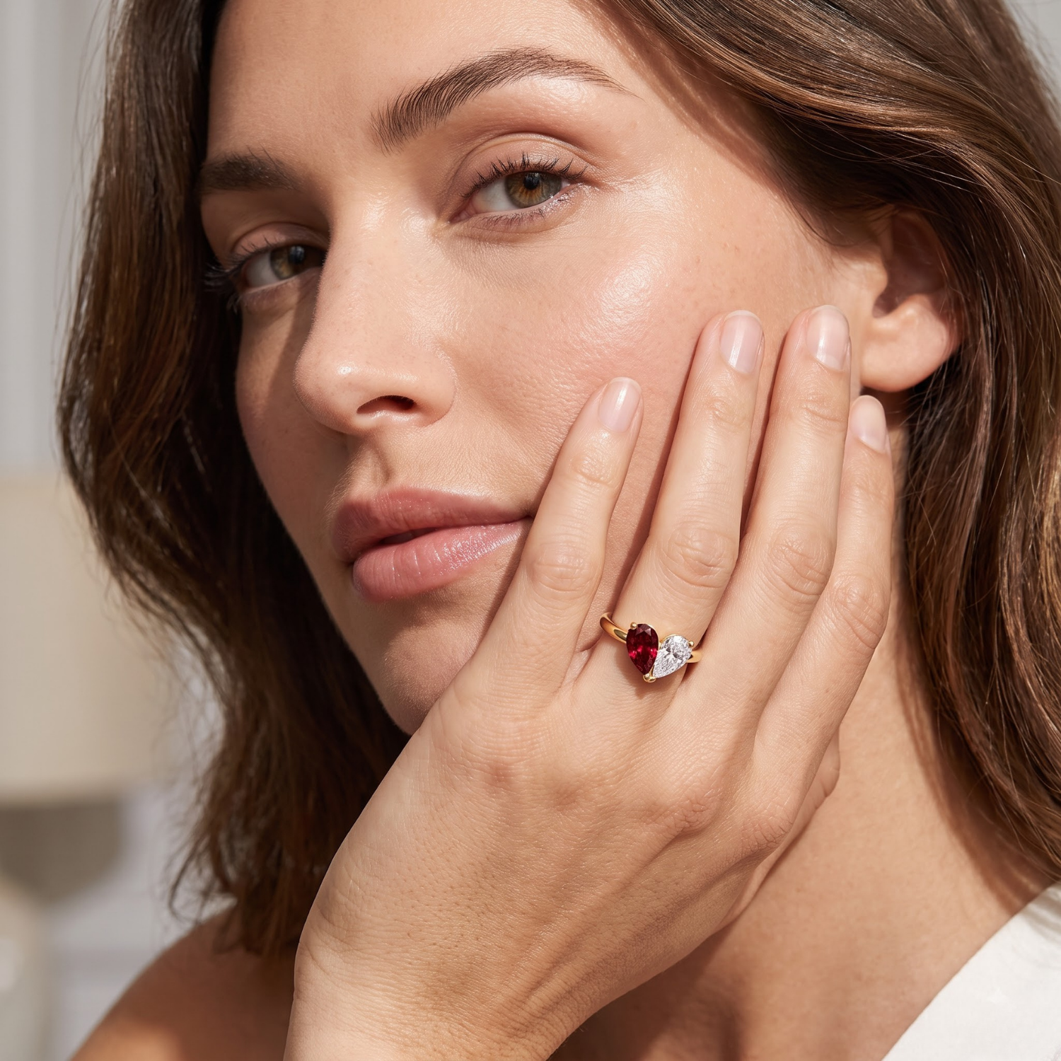 Toi et Moi Pear Shaped Emerald, Ruby, Sapphire and Lab Grown Diamond 14K Yellow Gold Two stone Ring