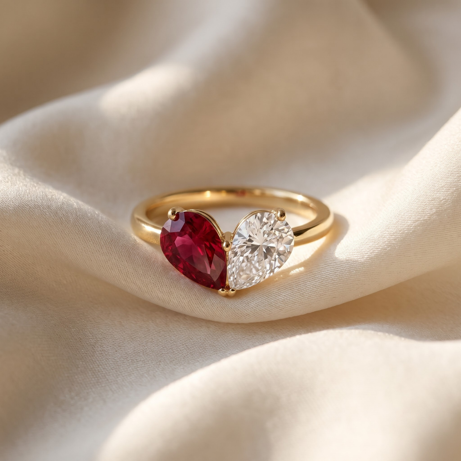 Toi et Moi Pear Shaped Emerald, Ruby, Sapphire and Lab Grown Diamond 14K Yellow Gold Two stone Ring