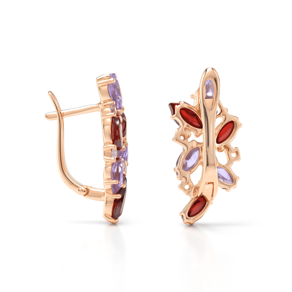 Natural Amethyst and Garnet Silver Cluster Earrings