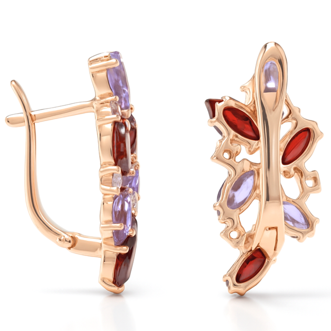 Natural Amethyst and Garnet Silver Cluster Earrings