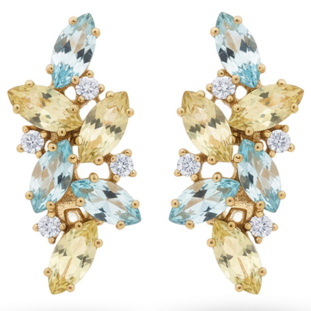 Natural Lemon Quartz and Sky Blue Topaz Silver Cluster Earrings