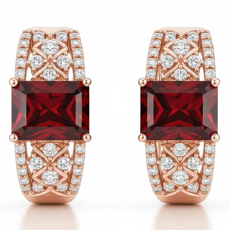 Natural Red Garnet Silver Hoop Earrings