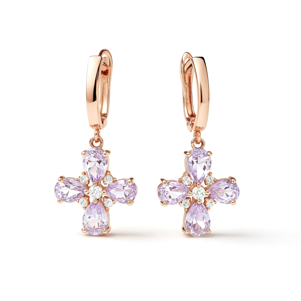 Purple Natural Amethyst Flower Silver Earrings