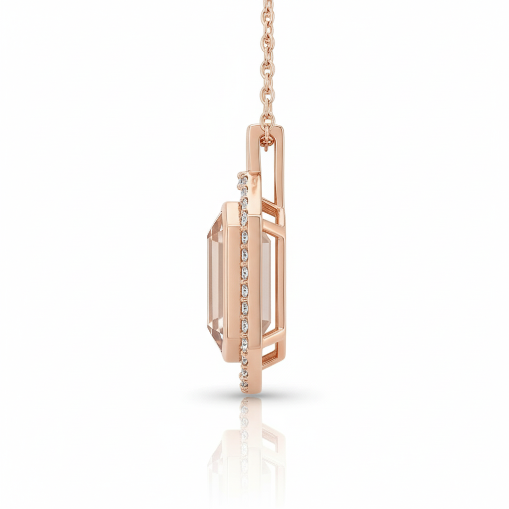 Pink Gold Rose Quartz Emerald Cut Pendant Necklace