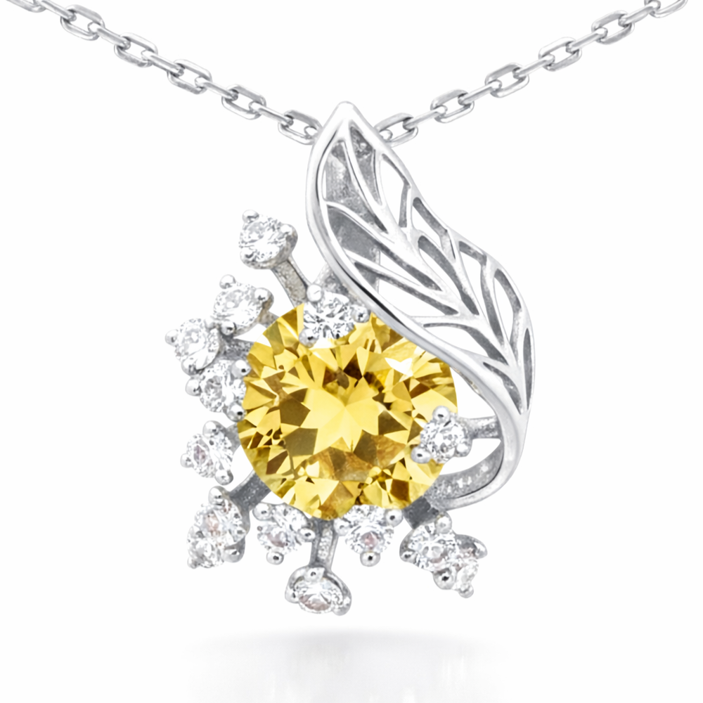 Natural Yellow Citrine Silver Flower Necklace