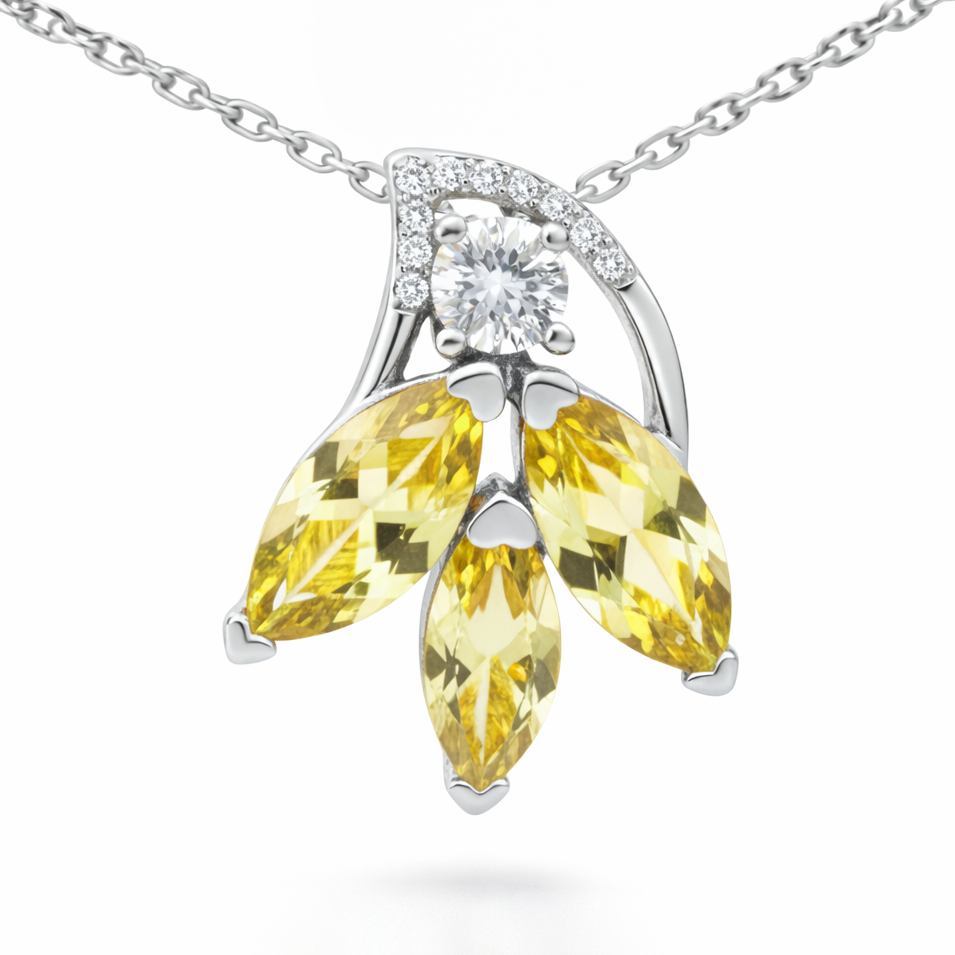 Natural Citrine 3 Stone Floral Silver Necklace