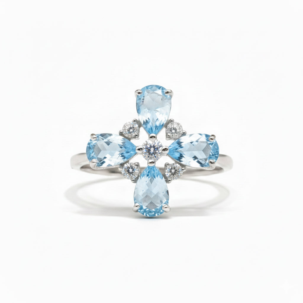 Natural Sky Blue Topaz Silver Leaf Clover Ring