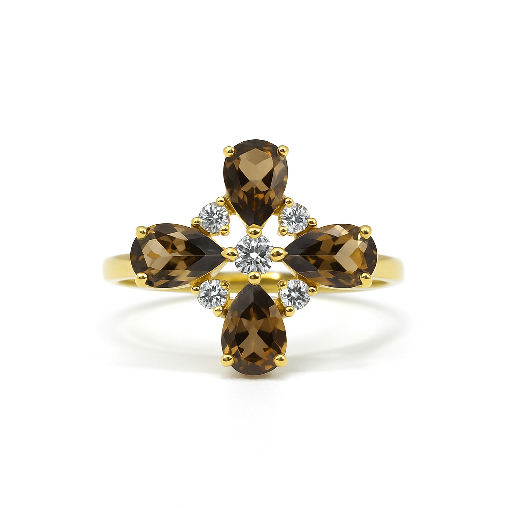 Natural Smoky Quartz Silver Leaf Clover Ring