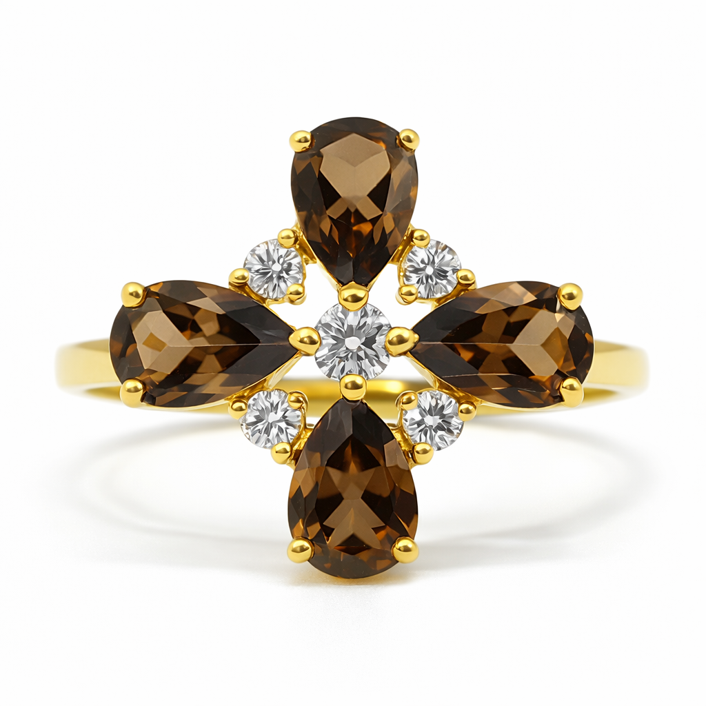 Natural Smoky Quartz Silver Leaf Clover Ring