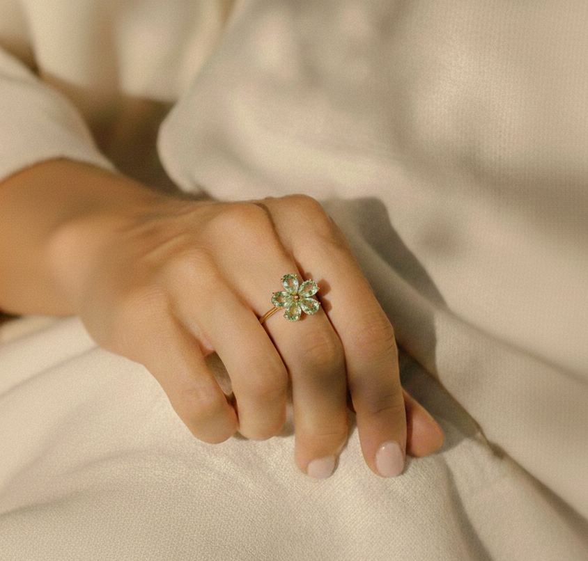 Natural Green Amethyst Sterling Silver Flower Ring