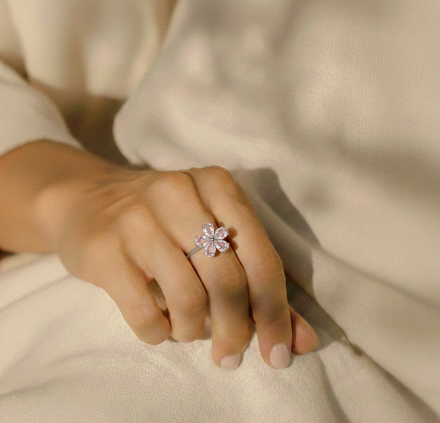 Natural Rose Quartz Sterling Silver Flower Ring